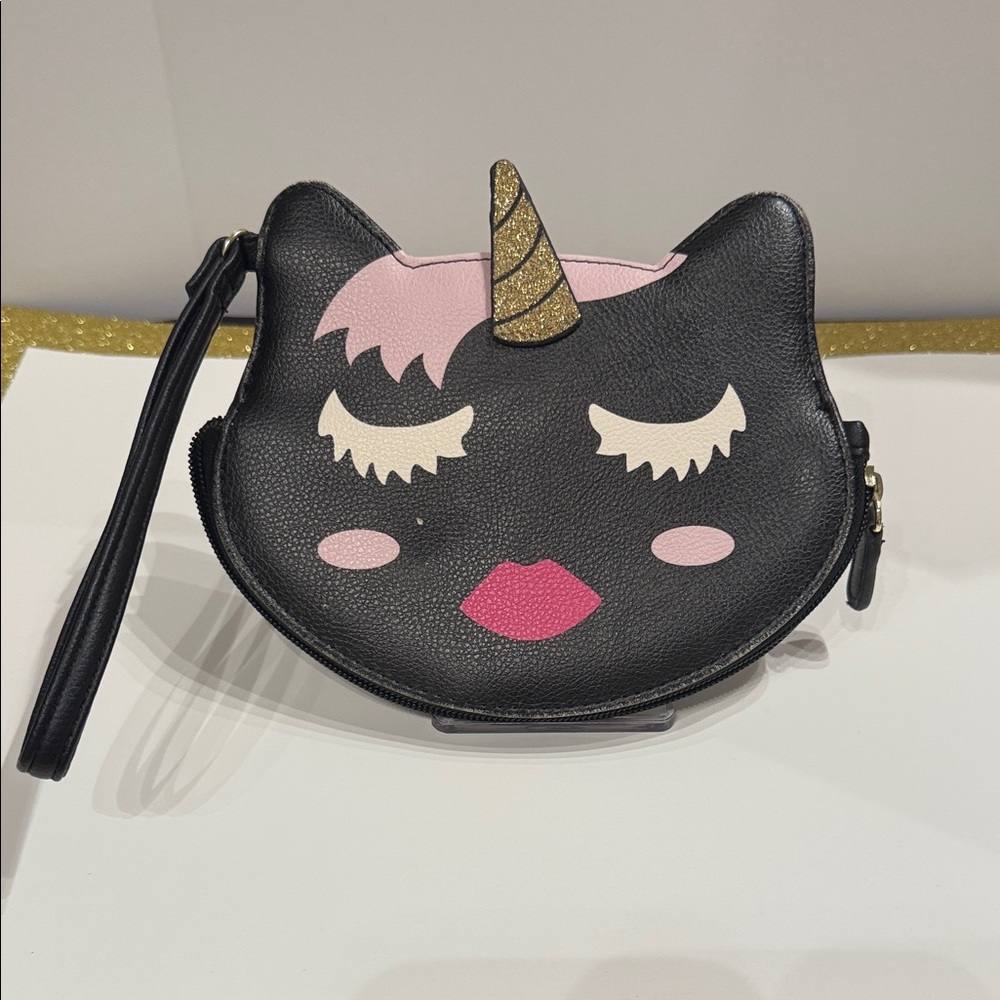 Luv Betsey Johnson  Zippered Cat Clutch Wristlet Coin Purse Pouch Black pink